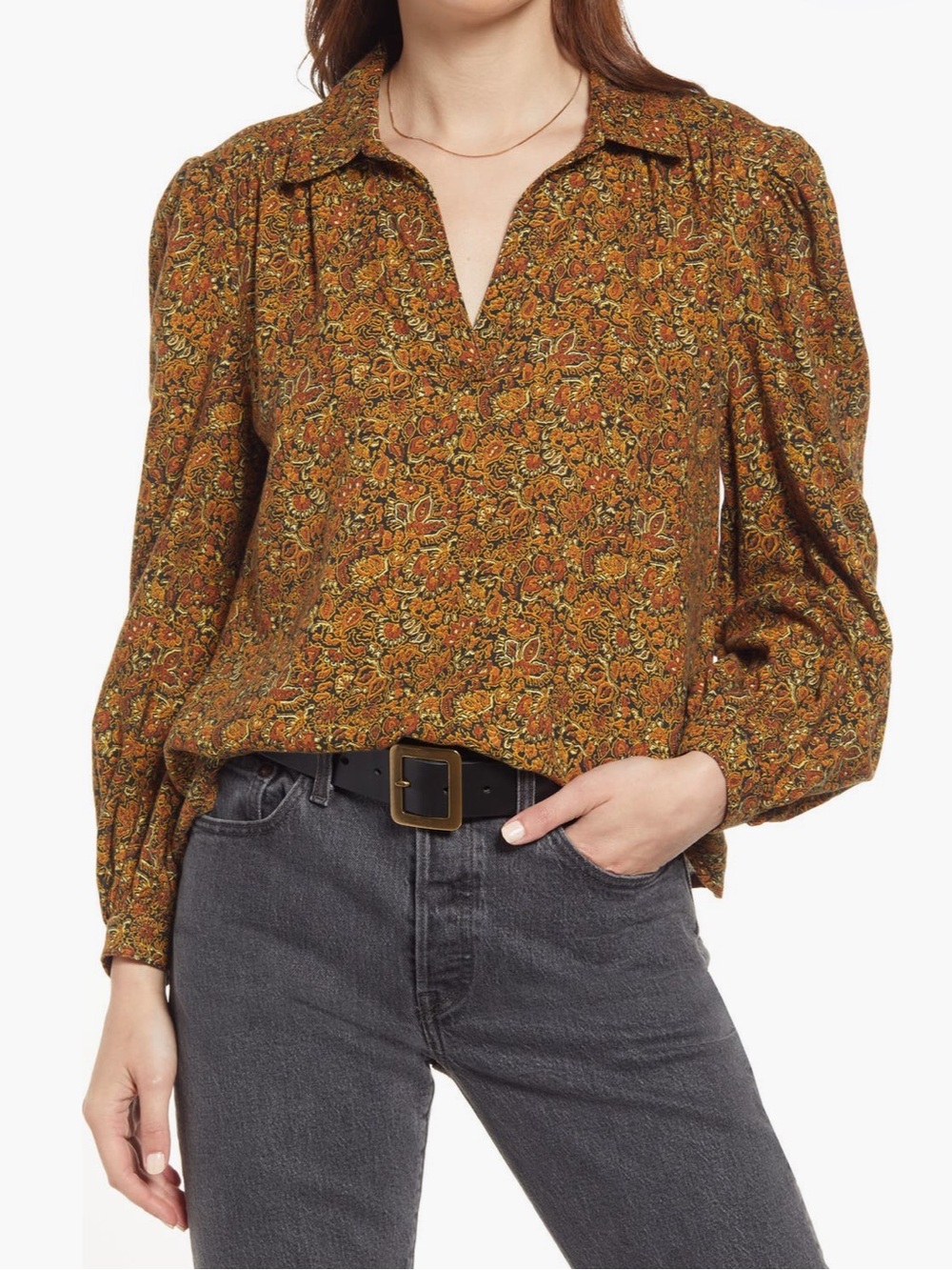 Treasure & Bond placket front long sleeve paisley blouse